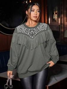 Sudadera de gran tamaño con flecos de diamantes de imitación, jersey de estilo occidental con cuentas de manga larga, ropa de calle verde oscuro, ropa de moda de algodón Glam - Product Image 5