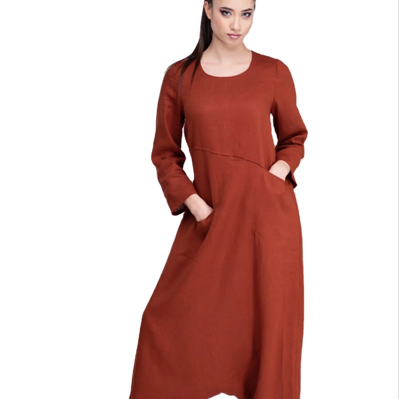 New Arrivals Women's Elegant Linen Harem 3/4 Sleeves Long Jumpsuit With Pocket For Women