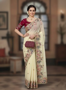 Última Llegada, Sari de Georgette Pesado con Bordado para Mujer, Ropa de Boda, con Borde Calado, en Existencia en India - Product Image 2