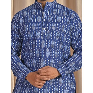 Kurta court en coton popeline bleu imprimé pour homme, chemise décontractée à manches longues, respirante et confortable - Product Image 2