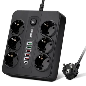 6 AC outlets 5usb socket 10A 250V 3000W 2M wire 6 outlets black surge protector power strip extension with type c