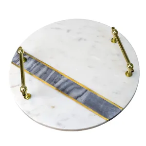 Plateau de service en marbre blanc de luxe, nouveau, élégant, pour plateaux de Table, haute qualité, vente en gros, plateau de service en marbre avec poignée en laiton - Product Image 2