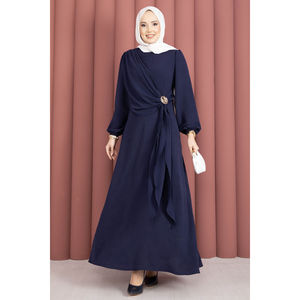 Vestido Hijab Estilo Boho Azul Marino con Tirantes, Lazos Laterales y Decoraciones con Cremallera, Elegante y Transpirable para Oficina, Largo hasta el Suelo - Product Image 3