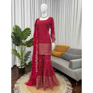 Entrez dans un charme sans effort avec notre ensemble exclusif de salwar kameez pour femmes en 3 pièces, tenue décontractée pour les fêtes, cousu avec élégance - Product Image 1