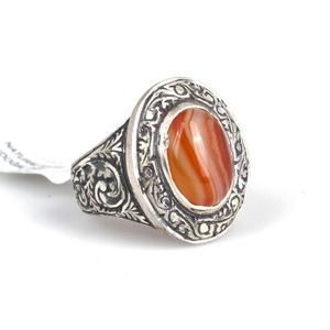 925 Sterling Silver Men's <b>Statement</b> <b>Ring</b> Rectangular Oval Veined Agate Stone Bezel Setting Rhodium Everyday Wear Pen-Style <b>Ring</b> - Product Image 3