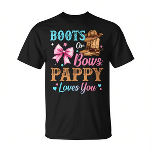 T-shirt per la famiglia per la cerimonia di rivelazione del sesso - Design 'Boots or Bows Pappy Loves You' - Product Image 2