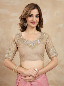 Sari de Seda Vichitra para Mujer Trendmalls, Bordado Intenso, Pieza de Blusa Sin Coser (K1063-Peach), Estilo Indio para Invierno y Verano - Product Image 5