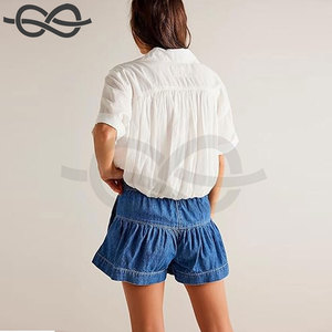 Short en jean mignon à ourlet à volants pour femmes Short en jean taille haute jambe large bouton plissé Mode d'été évasée fluide - Product Image 6