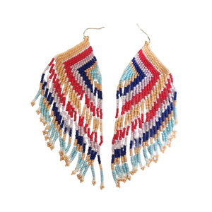 12 cm de Long forme angulaire à la main brodé à la main rouge indien plume tête robe perlée glands boucles d'oreilles goutte pour les femmes - Product Image 1