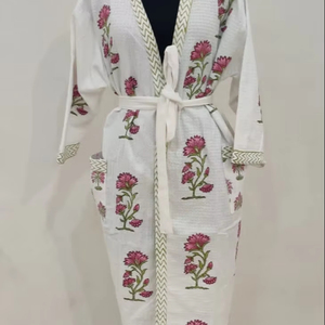 HotGown Albornoz rosa con estampado de corazón de algodón de rizo puro para mujer, Kimono de satén de manga larga con estampado de lujo, albornoz largo, ropa de dormir - Product Image 1