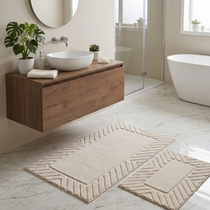 Davis Beige Recycled Cotton Yarn Dyed Jacquard Woven Bath <b>Rug</b> Set 40x60 cm + 60x100 cm - Product Image 2