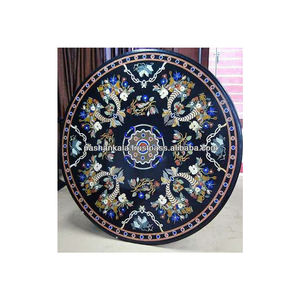 Plateaux de table à manger ronds en marbre avec incrustations de fleurs - Product Image 1