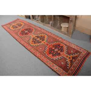 Vintage Turkish <b>Wool</b> Rug <b>Red</b> Orange 29' X 102' Oversized Boho Classic Large Area Patchwork Rectangle Hallway Patterns Latex - Product Image 3