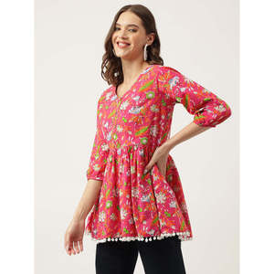 Divena Floral Impreso Algodón Peplum Top Stand Collar Tejido Botón Personalizado Western Casual para Trabajo XS XL para Verano Otoño - Product Image 6