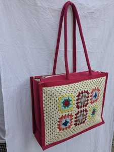Bolsa de compras de algodón puro hecha a mano con forro de yute y cinta tejida con hilo multicolor, bolsa de regalos con apertura de cremallera superior - Product Image 4