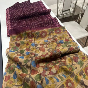 Saree numérique en lin imprimé Kalamkari avec pompons fantaisie Bandhani Pallu et chemisier assorti pour les styles ethniques et de fête - Product Image 2