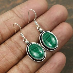 Boucles d'oreilles en pierres précieuses malachite 925 boucles d'oreilles en argent sterling massif de forme ovale pour femmes et filles boucles d'oreilles pendantes bijoux en argent - Product Image 2