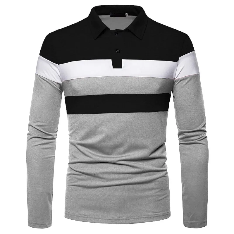 New Men's Spring and Autumn Chest Two-color Stitching Long-sleeved Lapel T-shirt Thin European Size Long-sleeved Polo Shirt