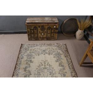 Vintage Area Rug 3.9x7.1 ft (118x217 cm), Turkish <b>Brown</b> Camouflage <b>Wool</b> Rug - Product Image 4