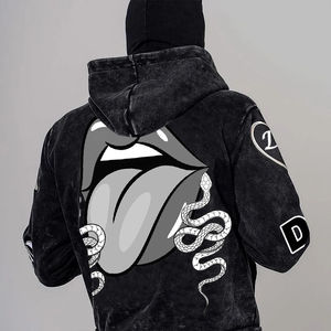 TRADE in MFG <b>Men's</b> 100% Cotton Hoodies with Custom Screen Print Distressed Embroidery Full Zip up <b>Black</b> 520GSM <b>for</b> Two Hats - Product Image 5