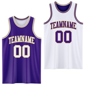 Directement de la marque Engro Sports Maillot de basket-ball à sublimation double face réversible violet blanc-vieil or personnalisé - Product Image 1