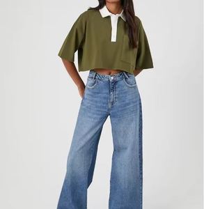 Hauts courts personnalisés pour femmes T-shirt à manches courtes de couleur unie avec col rabattu haut tricoté décontracté pour l'été - Product Image 6