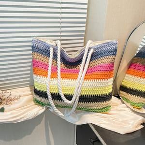 Crochet New Women's Shoulder <b>Bag</b> Rainbow Stripes Color Contrast Large Capacity <b>Straw</b> Beach Vacation Summer Daily Use - Product Image 2