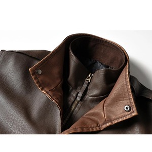Chaqueta de moto de cuero de piel de oveja negra con cuello levantado para hombre de otoño, abrigo de motorista cálido de invierno con cremallera de Color sólido, estilo informal - Product Image 5