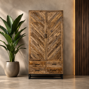 Certified Solid Mango Wood Shaker 2-Door Herringbone <b>Wardrobe</b> Cabinet with Metal Frame <b>Rustic</b> Storage Armoire for Living Room - Product Image 1