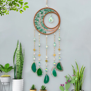 Atrapasueños Bohemio de Ratán para Colgar en la Pared con Cristales de Ágata Verde y Cadenas de Cuentas, Diseño Circular para Decoración del Hogar - Product Image 5
