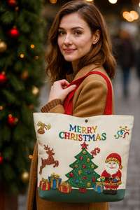 Bolsa de Mano de Lona Navideña de Lujo con Cuentas Hechas a Mano, Bordado Artesanal, Bolsa de Hombro para Mujer, Vacaciones en la Playa, Regalo de Navidad Personalizado y Sostenible - Product Image 3