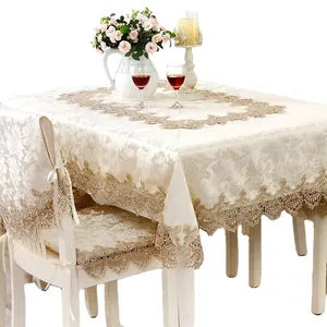 ผ้าปูโต๊ะงานแต่งงานโพลีเอสเตอร์ลูกไม้สีขาวรอบผ้าปูโต๊ะผ้าปูโต๊ะผ้าปูโต๊ะและเก้าอี้ปกชุด