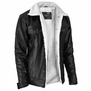 2026 Men's Black <b>Faux</b> Leather Shearling Jacket Warm Winter Coat with <b>White</b> <b>Fur</b> Lining Button Front and Classic Street Style - Product Image 4