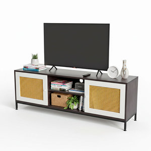 Contemporary Farmhouse Living Room TV <b>Stand</b> with Rubberwood Rattan <b>Doors</b> Iron Legs - Product Image 1