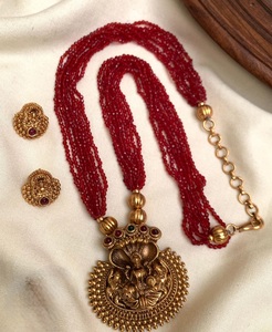 Designer High Quality Antique Polish Exclusive Pearls Look <b>Gold</b> Plated Temple Necklace <b>Set</b> With <b>Earrings</b> For Wedding For Women - Product Image 3