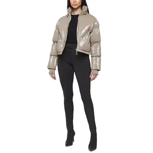 Manteau d'hiver noir à capuche détachable brillant de luxe OEM Logo personnalisé veste courte en velours bouffante pour femmes