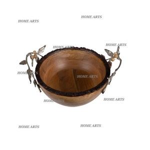 Tazón de madera para servir alimentos de diseño clásico con asas de hierro Forma redonda Color de la frente Tazón para servir dulces en la India - Product Image 2