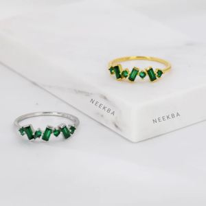 Emerald Green Baguette Ring Cluster Daily Wear Ring in 925 Sterling Silver Handcrafted Delicate Statement Ring - Product Image 1