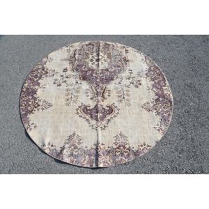 Tapis Turc Vintage Beige Violet 5.6 X 5.6ft Grande Surface Laine Latex Nouveau Tabriz Rectangle Patchwork pour Couloir pour Décoration de Chambre - Product Image 1