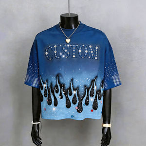 Custom Rhinestone Embellished Oversized T-<b>Shirt</b> Men's Streetwear Short Sleeve Blue Gradient <b>Flame</b> Design Jersey Fit - Product Image 3