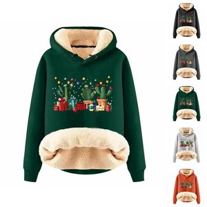 Sudaderas Navideñas Gruesas para Mujer 2025, Sudadera con Capucha y Estampado de Cactus, Forro Polar, Manga Larga - Product Image 5