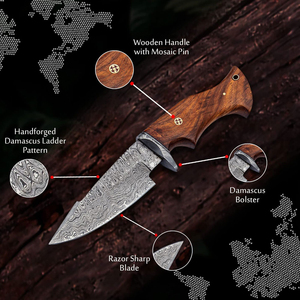 Couteaux de camping et de chasse à lame Damas faits à la main avec manche en bois, couteaux de poche, vente en gros de couteaux à lame fixe, étui en cuir - Product Image 2
