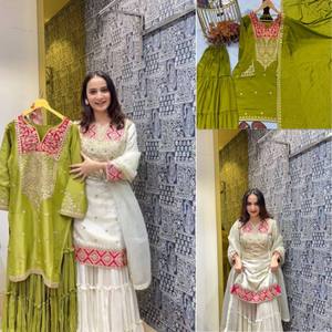 Último diseñador indio pakistaní Top-Sharara colección telas de seda Vichitra pura pesada con bordado lentejuelas codificación trabajo - Product Image 3