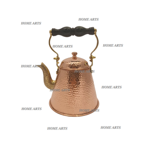 Bouilloire de service à café de forme ronde de conception tendance en bouilloire martelée en cuivre avec poignée en bois et laiton en Inde - Product Image 5