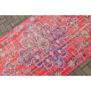 พรมตุรกี, พรมวินเทจขนาด 3.7x7.8 ฟุต, พรมขนสัตว์ลายอิคัตสีแดงน้ำเงิน - Product Image 5