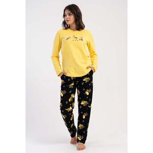 ชุดนอนผ้าไหมพิมพ์ลาย KADIN 2IPLIK O YAKA UZUN KOL ETEGI OVAL CEPLI PIJAMA TAKIM - สีเหลือง - สีเหลือง - Product Image 1
