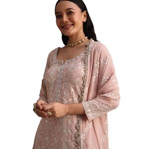 Peach Lucknowi trabajo Kurta Palazzo traje con Palazzo Acampanado y Resham Dupatta venta al por mayor mujeres Ropa Étnica OEM proveedor de fábrica - Product Image 2