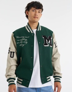 Blouson universitaire vert en toile pour homme avec lettre M brodée, style preppy, coupe classique, col montant, simple boutonnage - Product Image 1