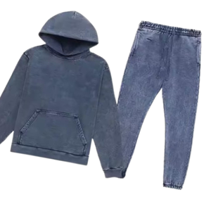 Blue <b>Grey</b> Acid Washed Hoodie Tracksuit <b>Men</b> Vintage Fleece Pullover <b>Sweatshirt</b> Jogger Pants Set Casual Streetwear Winter Outfit - Product Image 3