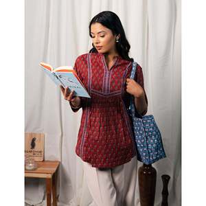 Blusa Roja de Algodón para Mujer, Estampada a Mano, con Decoración de Encaje Bordado, Cuello Asimétrico, Larga, Talla XL - Product Image 6